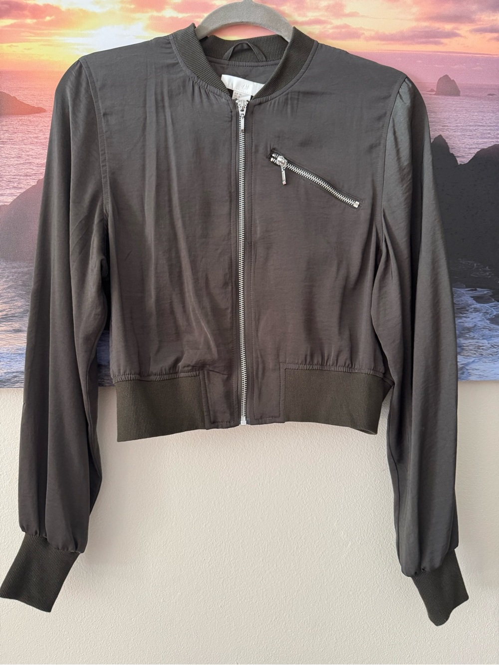 Express Women's Dark Olive Lightweight CropBomber Jacket with Zip Pocket/ S/ New